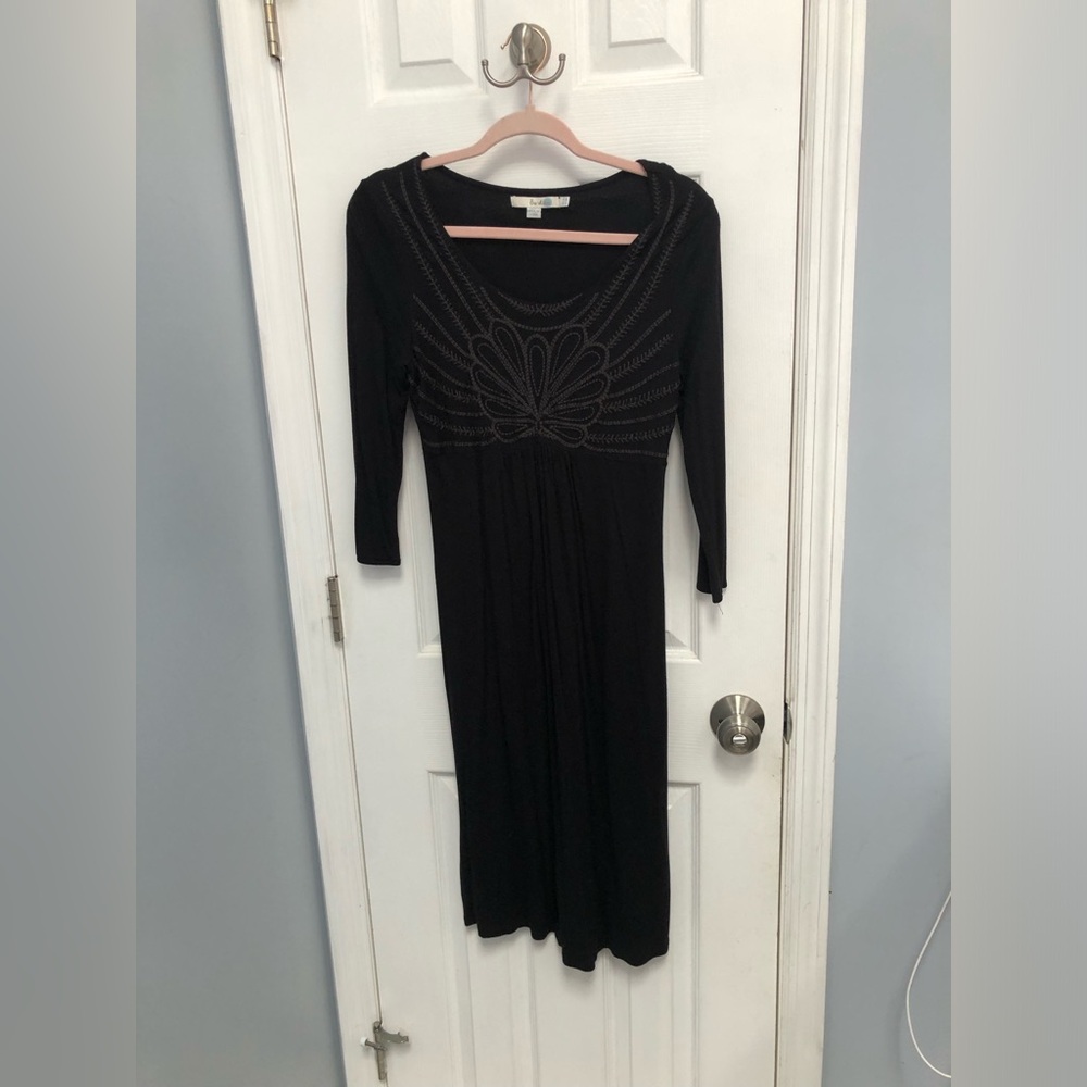 Boden Midi 3/4 Sleeve Embroidered Black Dress Scoop Neck Size 8 Stretch